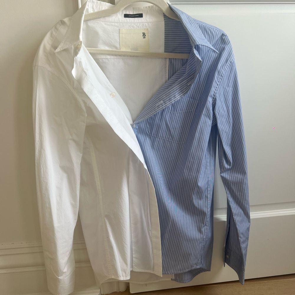 R13 white and blue button down combo shirt open collar - Picture 7 of 8